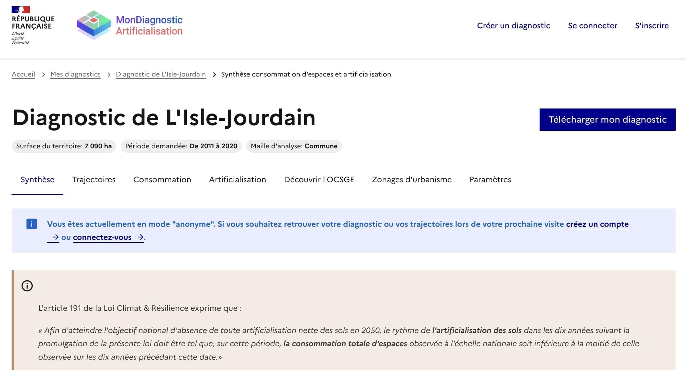 Capture d'écran de la page d'acceuil du diagnostic