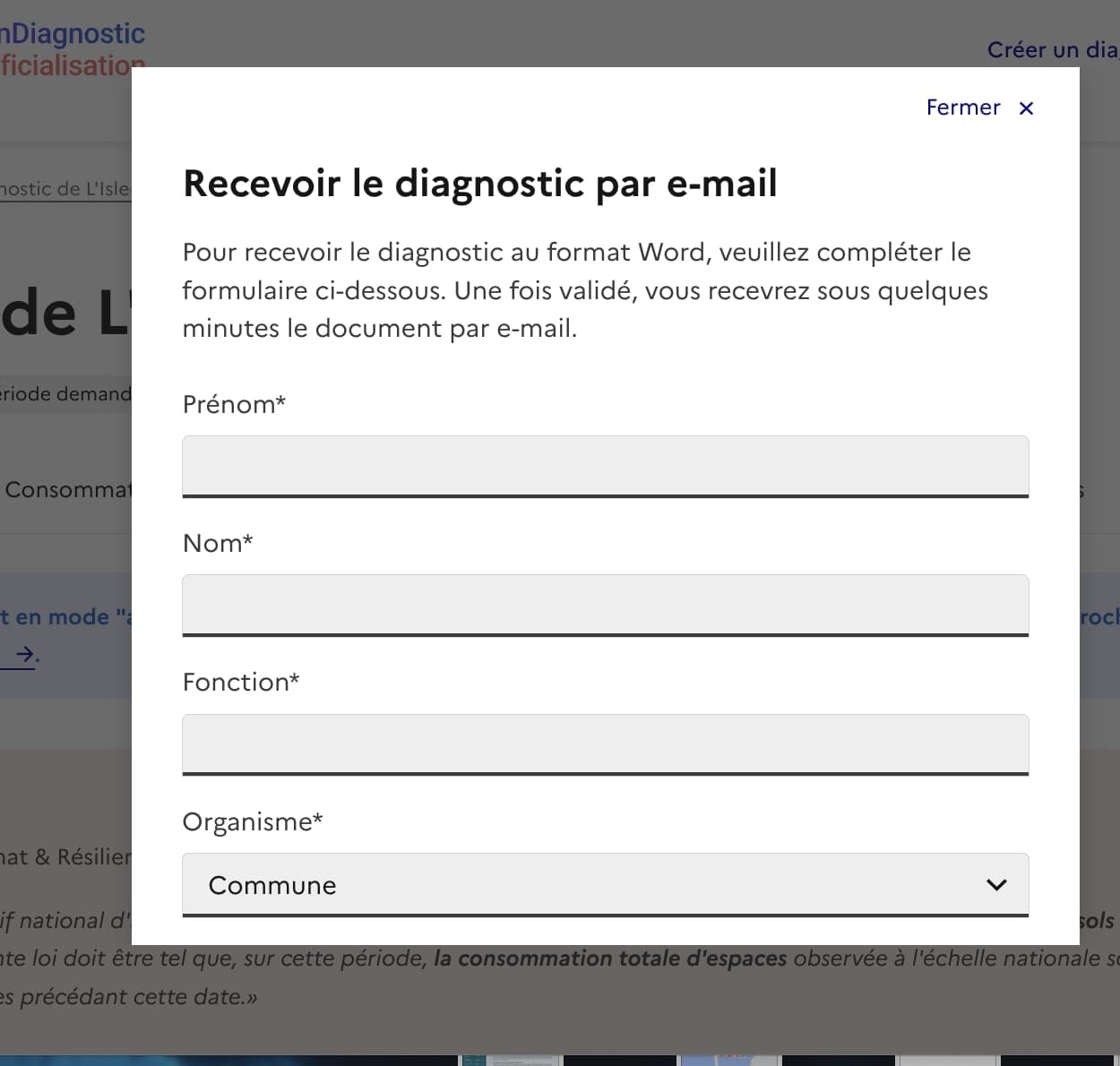 Capture d'écran de la saisie de contact pour le téléchargement du diagnostic